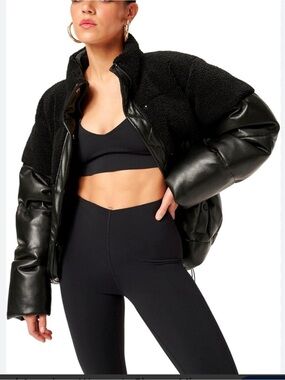 Good American Sherpa Mix Faux Leather Cocoon Puffer Jacket